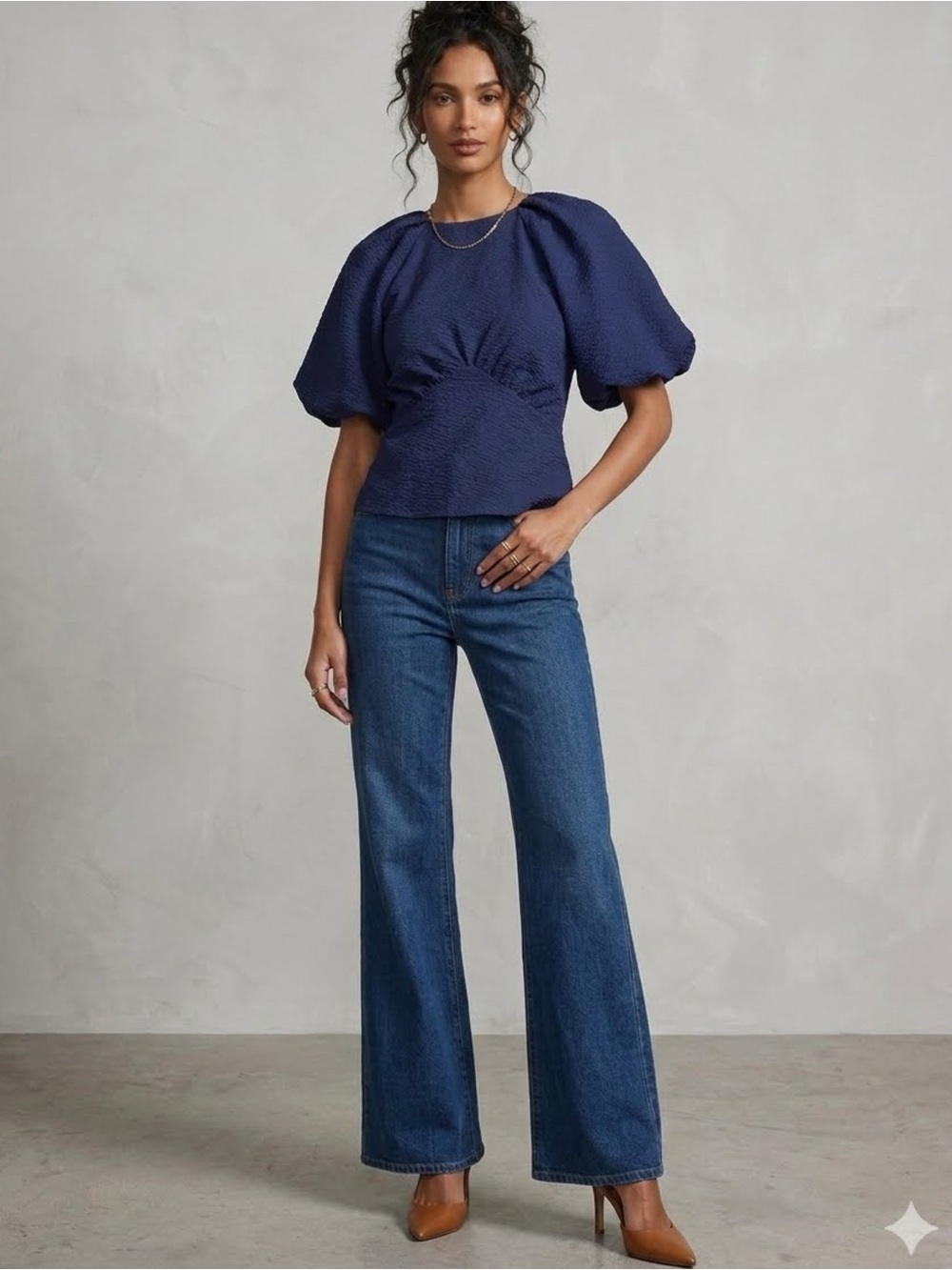 P.CILL Deep Navy Seersucker Textured Balloon Sleeve Blouse Chic Quiet Luxury XS